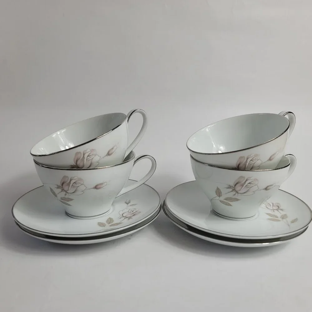 FOUR Noritake Sweet Talk Cup & Saucers Sets White with Pink & White Roses